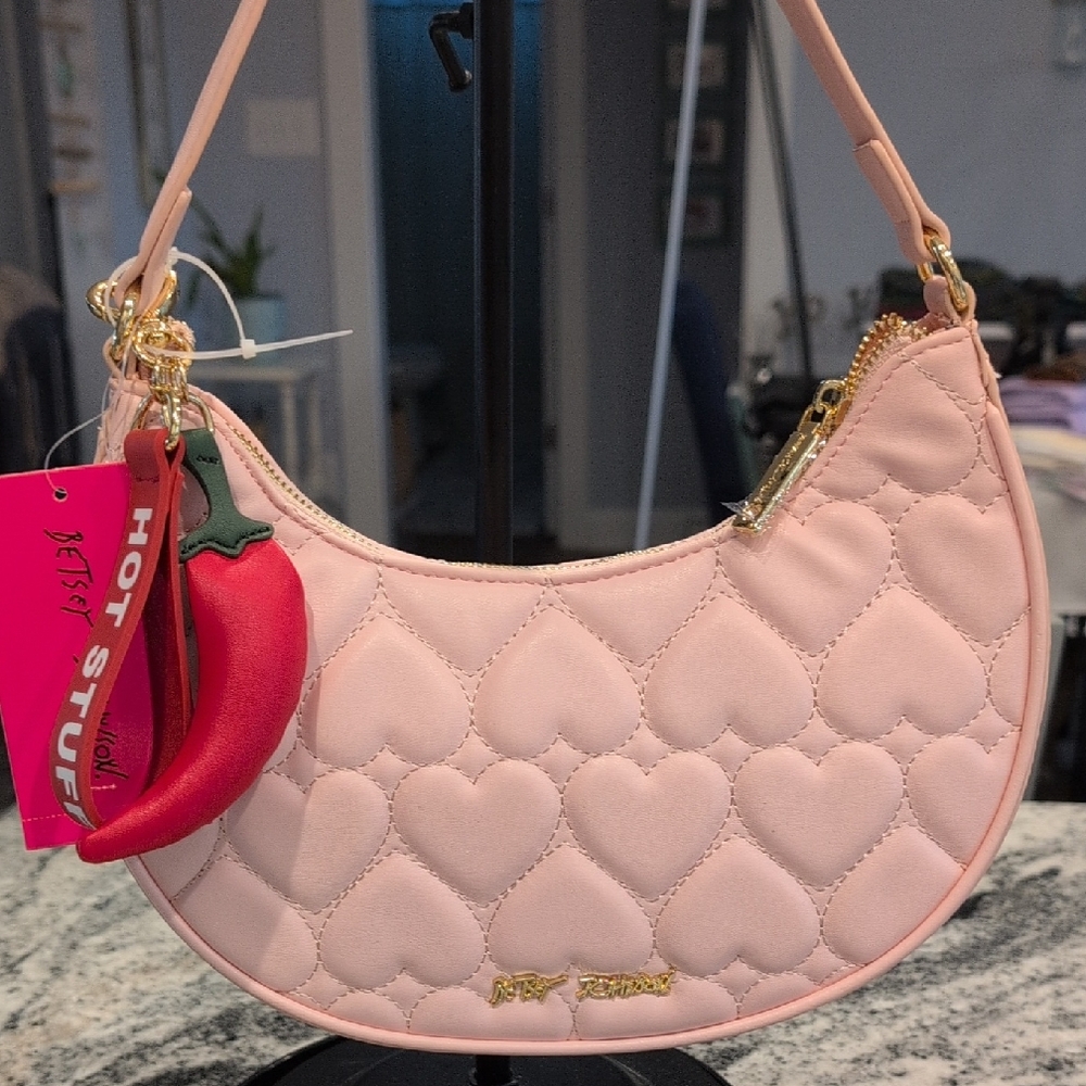 Betsey Johnson Light Pink Quilted Heart Shoulder Bag with Chili Charm